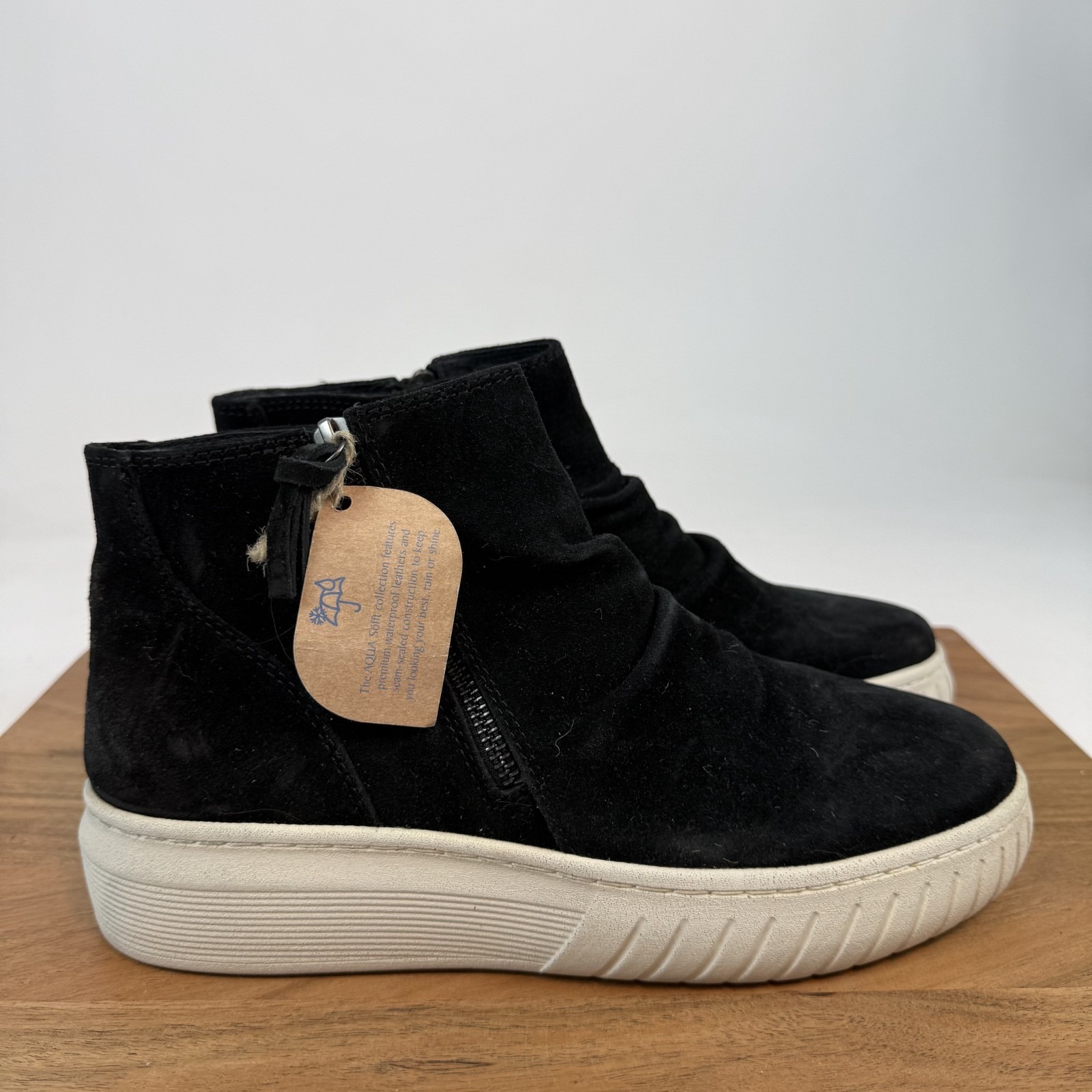 New Womens Sofft Portland Black Suede Scrunch Platform Wedge Ankle Boots Size 10